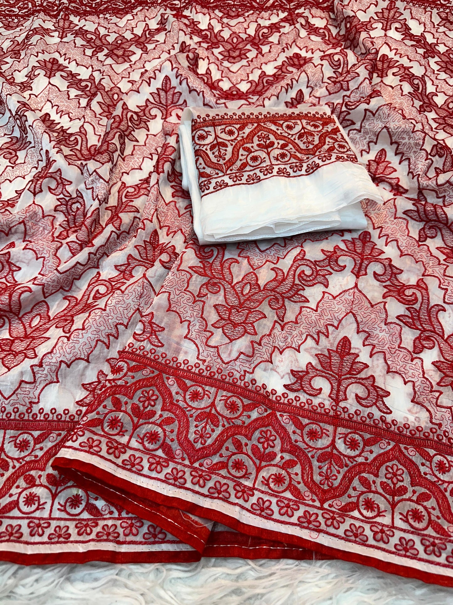White Red Crush Silk Embroidery Saree