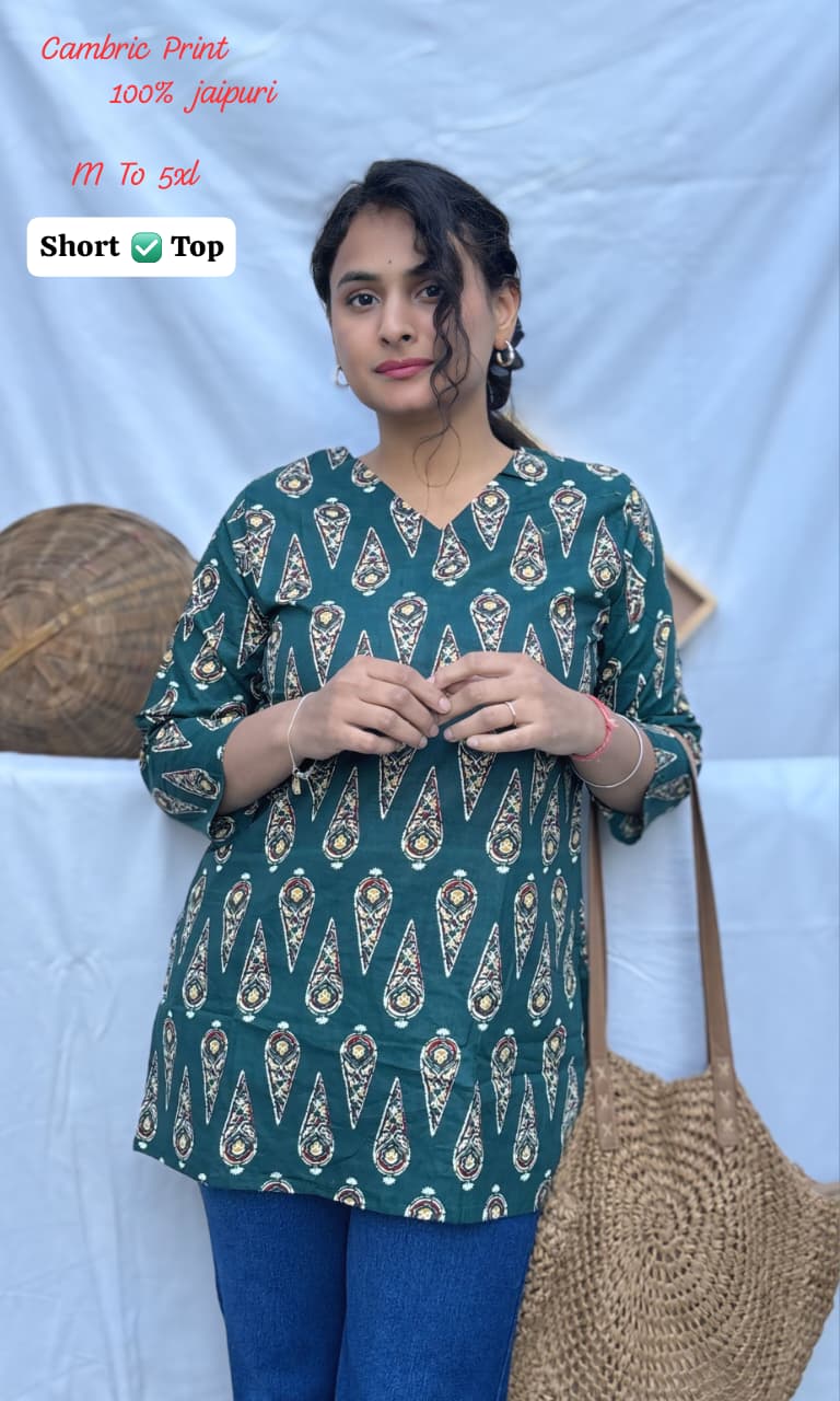 Jaipuri Cambric Cotton Printed Short Top for Women | Casual Tunic | V-Neck Daily Wear (M-5XL)