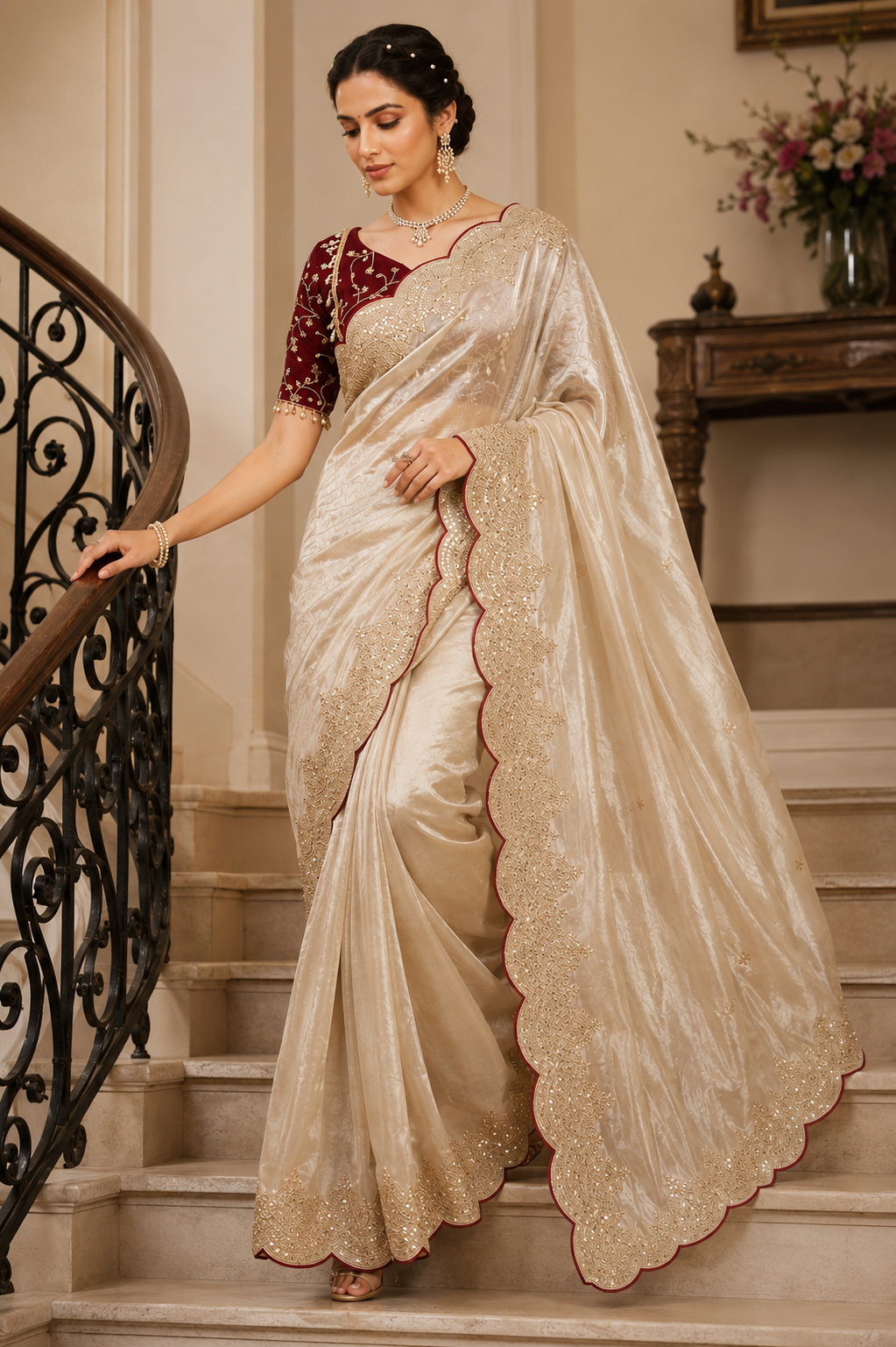 Cream Soft Jimmy Chuu Saree with Sequins & Zari Embroidery Work