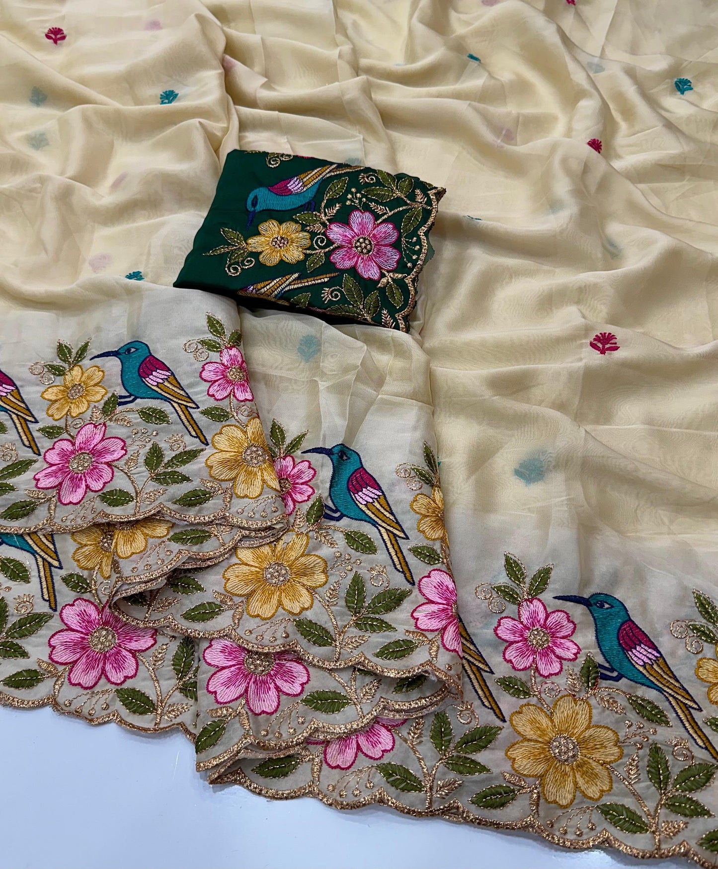 Rangoli Silk Saree with Heavy Floral Work Border & Contrast Designer Blouse