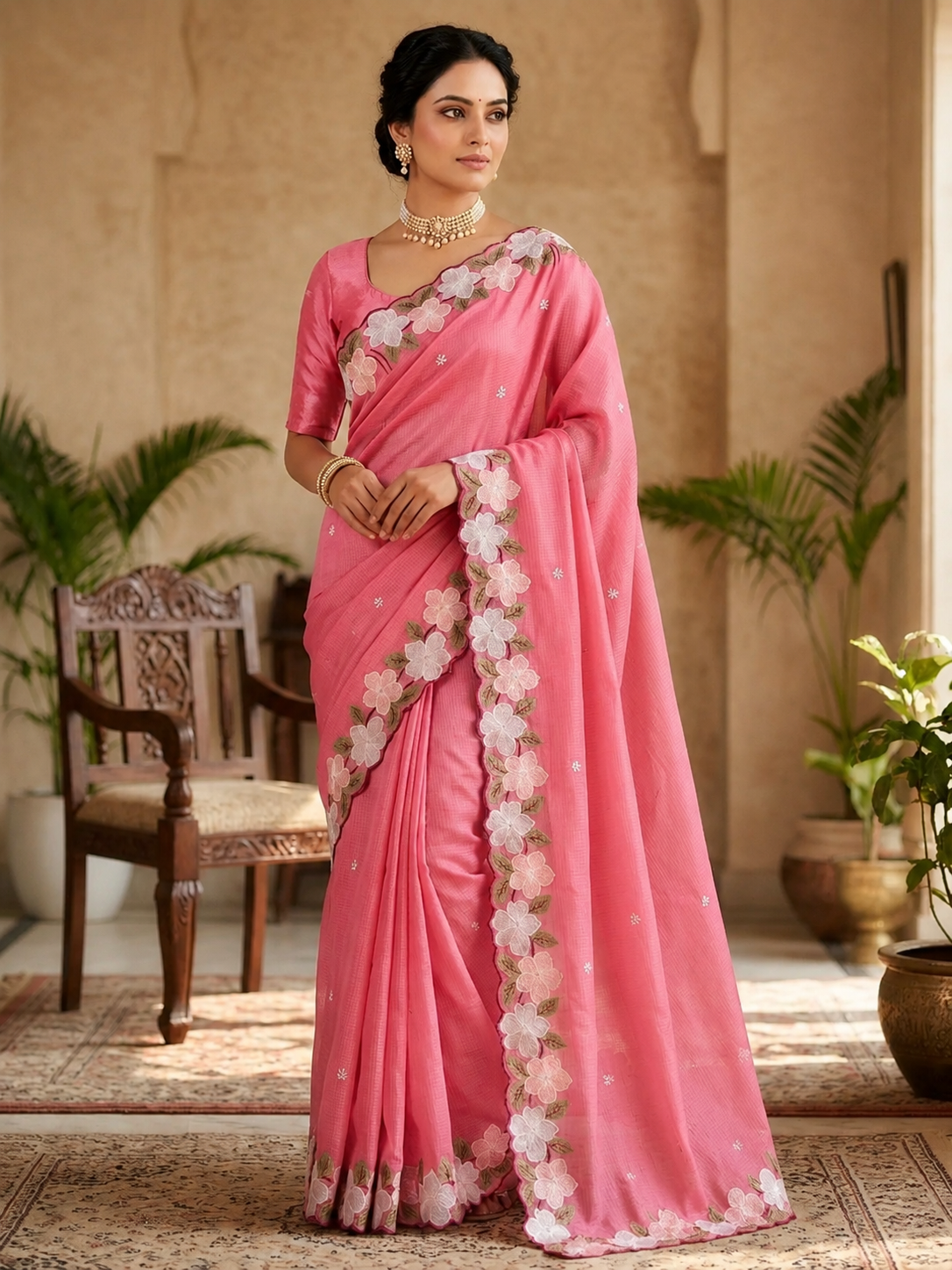 SASHA Kota Doriya Embroidered Saree with Contrast Blouse
