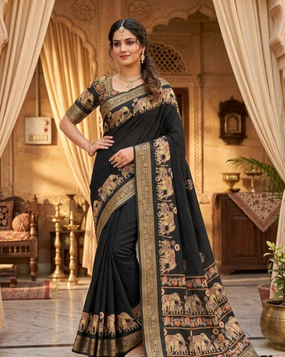 Royal Elephant Border Pure Marsh Mellow Silk Saree With Aari Mirror Work