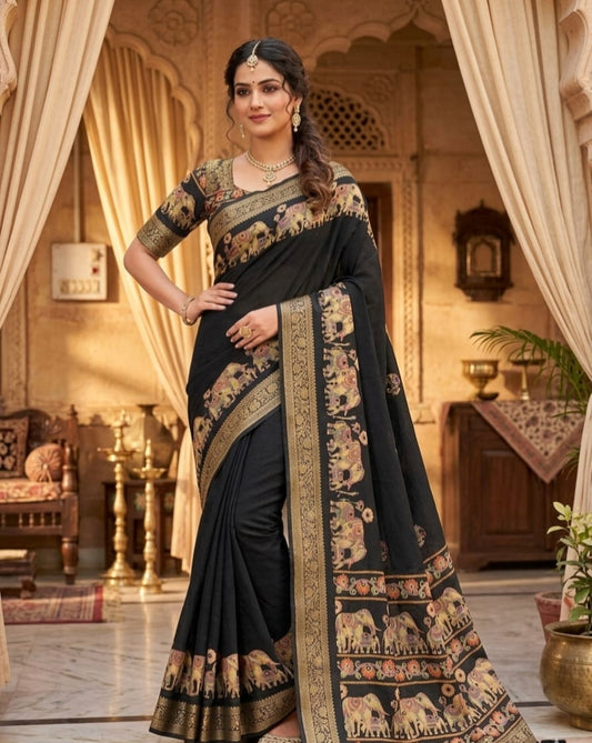 Royal Elephant Border Pure Marsh Mellow Silk Saree With Aari Mirror Work