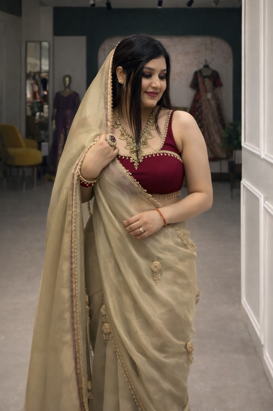 Women's Space Silk Saree with Moti Handwork Lace and Satin Blouse – Trending Party Wear Saree