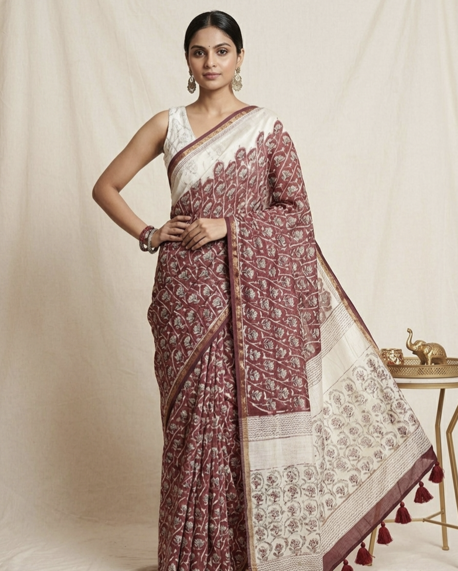 Pure Linen Chanderi Saree with Kalamkari Print & Zari Border