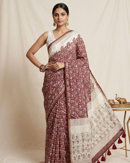 Pure Linen Chanderi Saree with Kalamkari Print & Zari Border