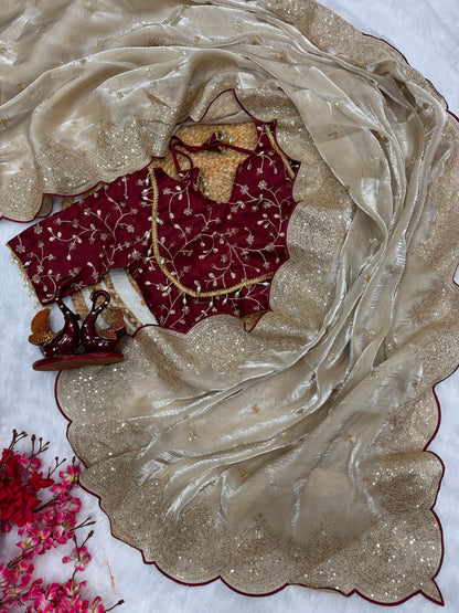 Cream Soft Jimmy Chuu Saree with Sequins & Zari Embroidery Work