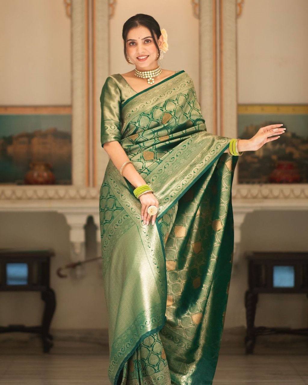Elegant Green Zari Work Saree