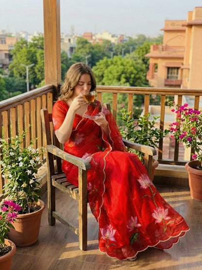 Pure Soft Teby Silk Saree with Digital Floral Print & Moti Cutdana Work Border