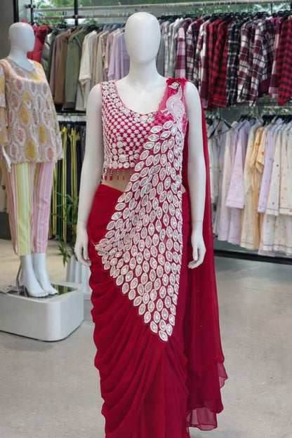 Super Trending Heavy Georgette Ready to Wear Embroidery Sequence Saree