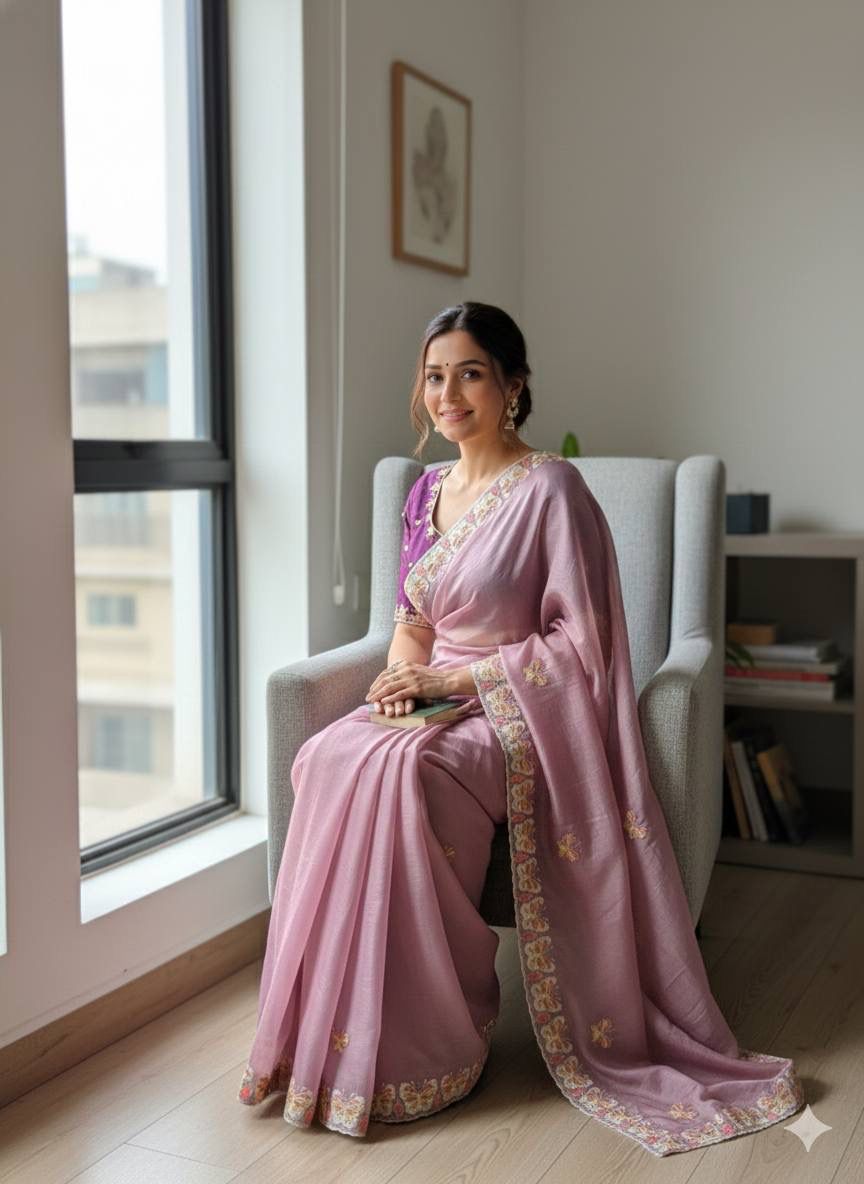 Radha Butterfly Motif Embroidered Crushed Organza Saree