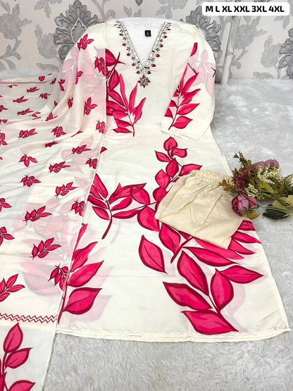 Best Seller Muslin Silk Kurti Pant Dupatta Set | Floral Print | M–4XL