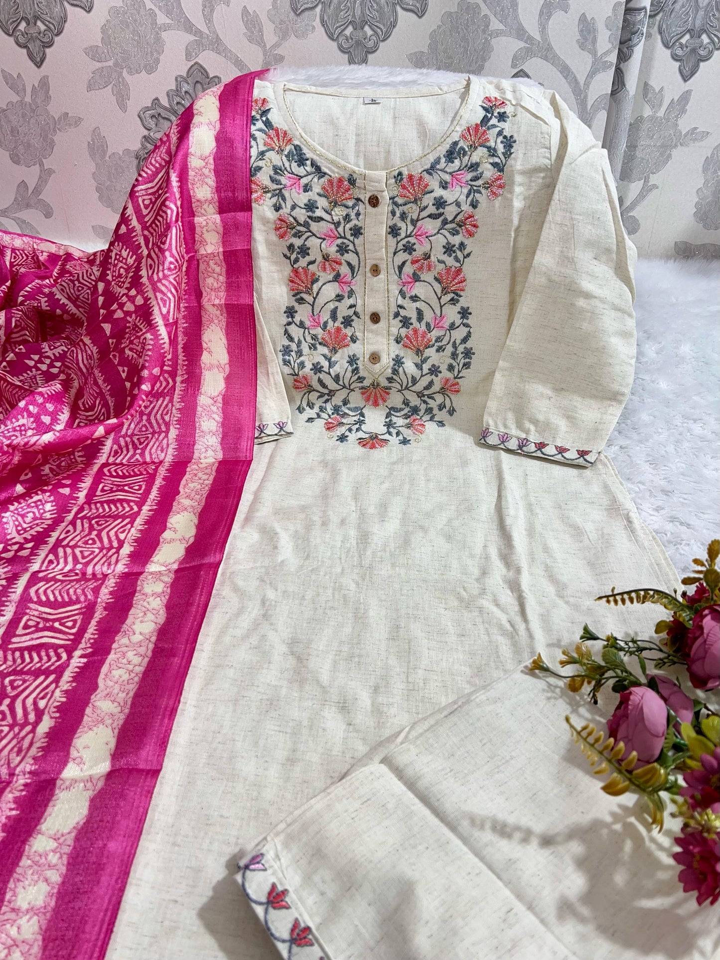 Elegant Handloom Khadi Cotton Embroidered Kurti Set with Khadi Silk Dupatta