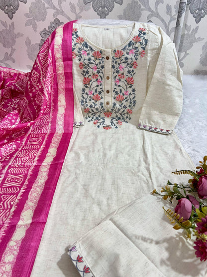 Elegant Handloom Khadi Cotton Embroidered Kurti Set with Khadi Silk Dupatta