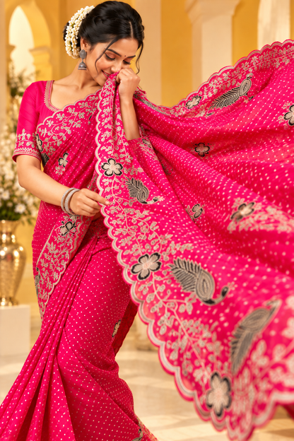 Georgette Muthda Saree with Peacock Thread Work & Cut Work