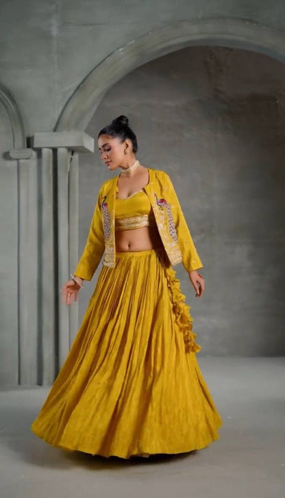 Festival Special Chinon Crop Top Lehenga with Embroidered Jacket (Yellow)