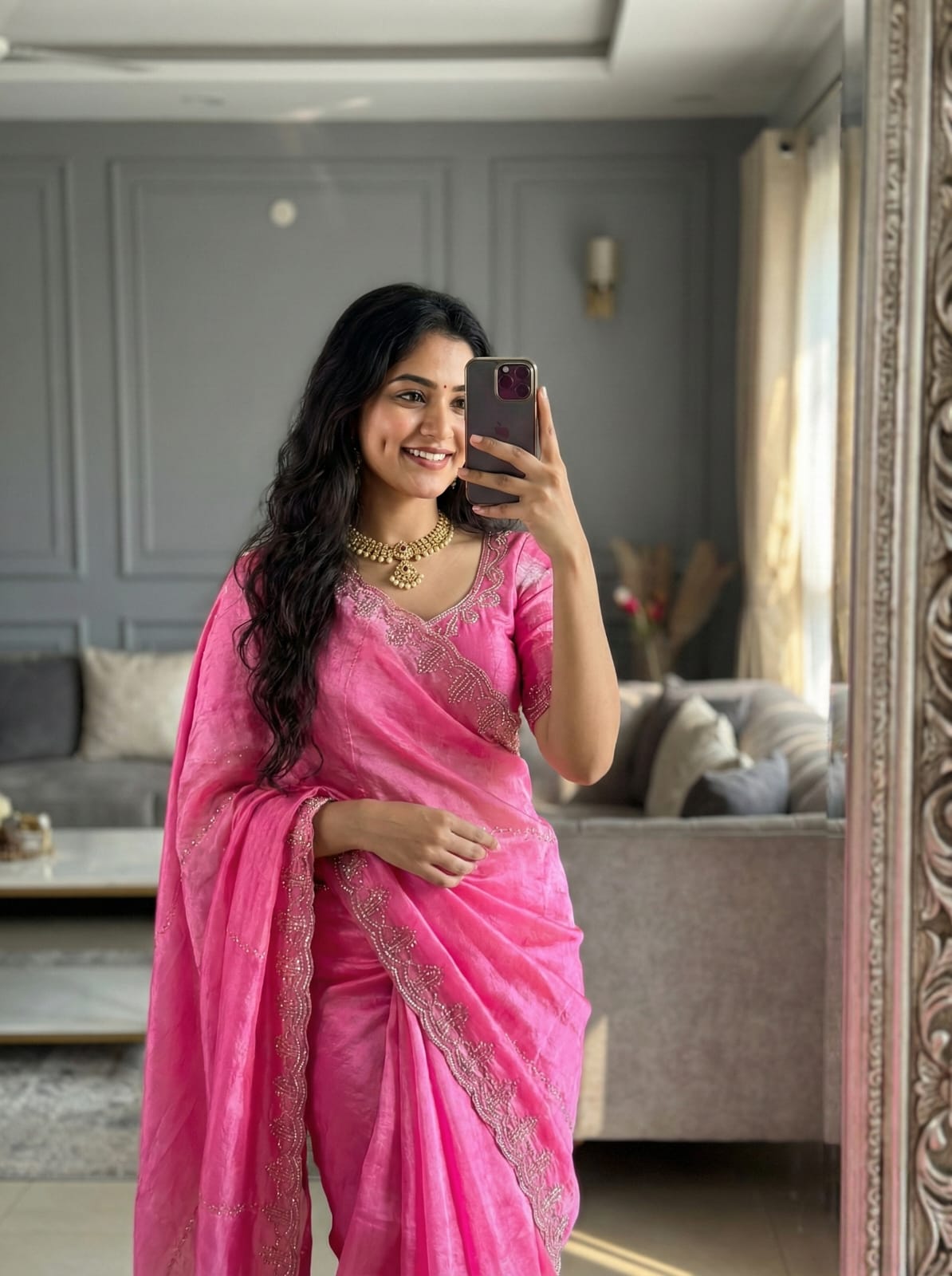 Rupali Pink Space Silk Saree with Hand Jharkhand Cutdana Border & Designer Blouse