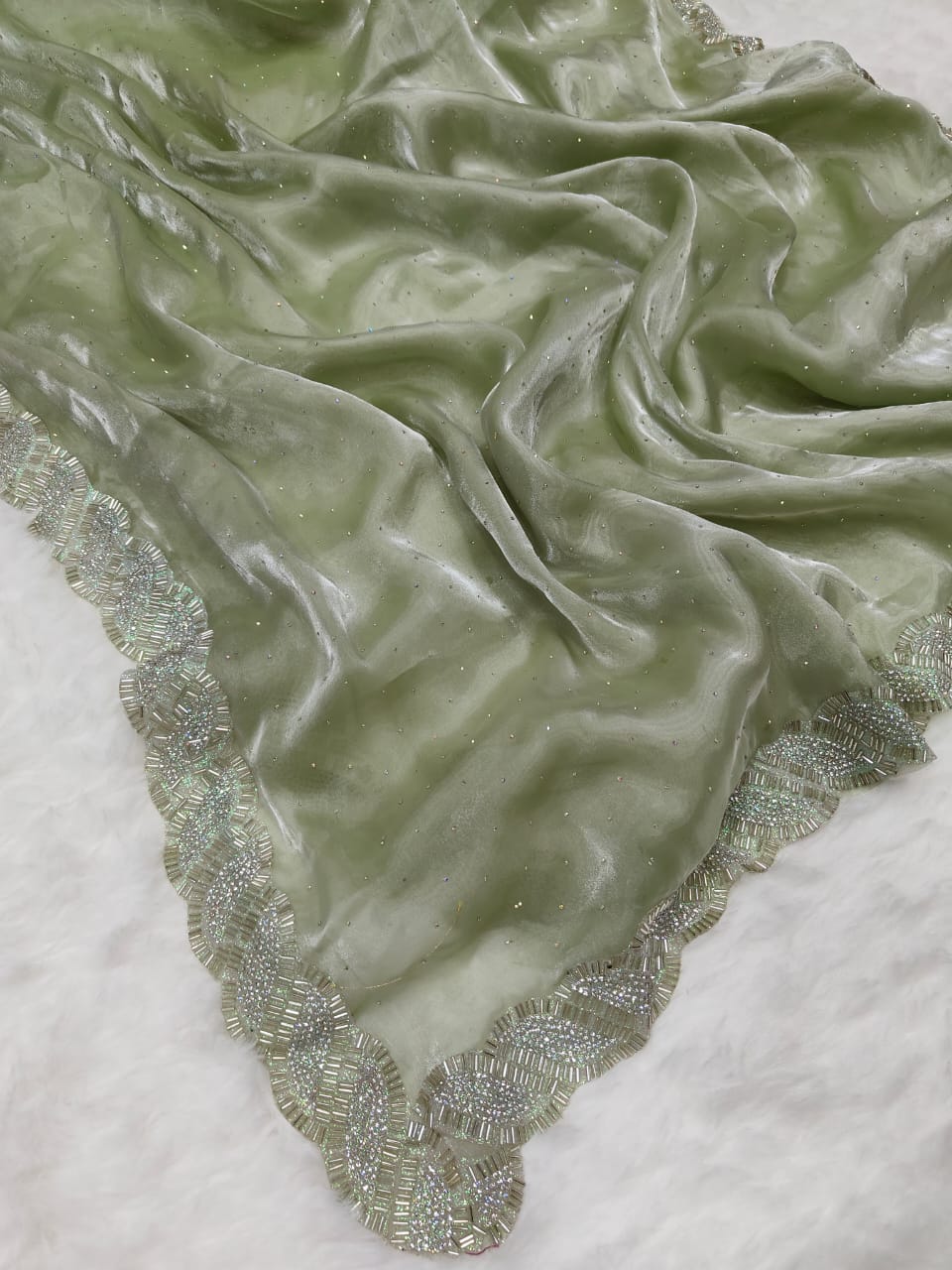 Elegant Jimmy Choo Saree with Handwork Lace Border & Cutwork Design