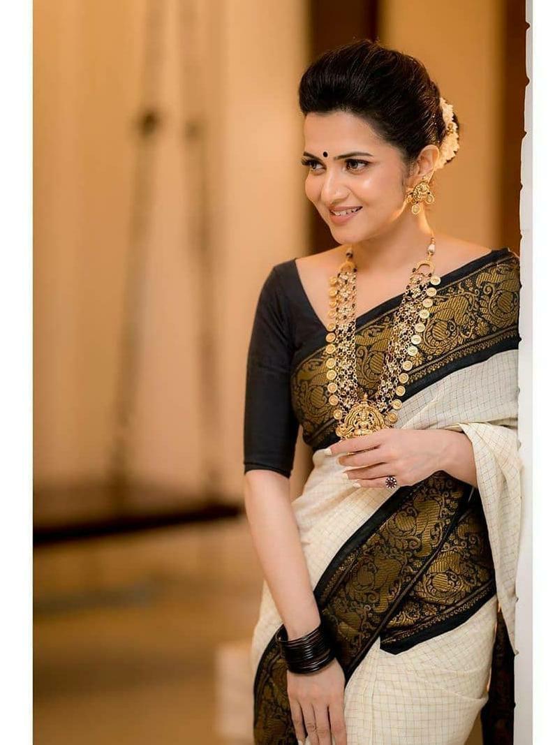 Off White Saree with Black & Gold Classic Border