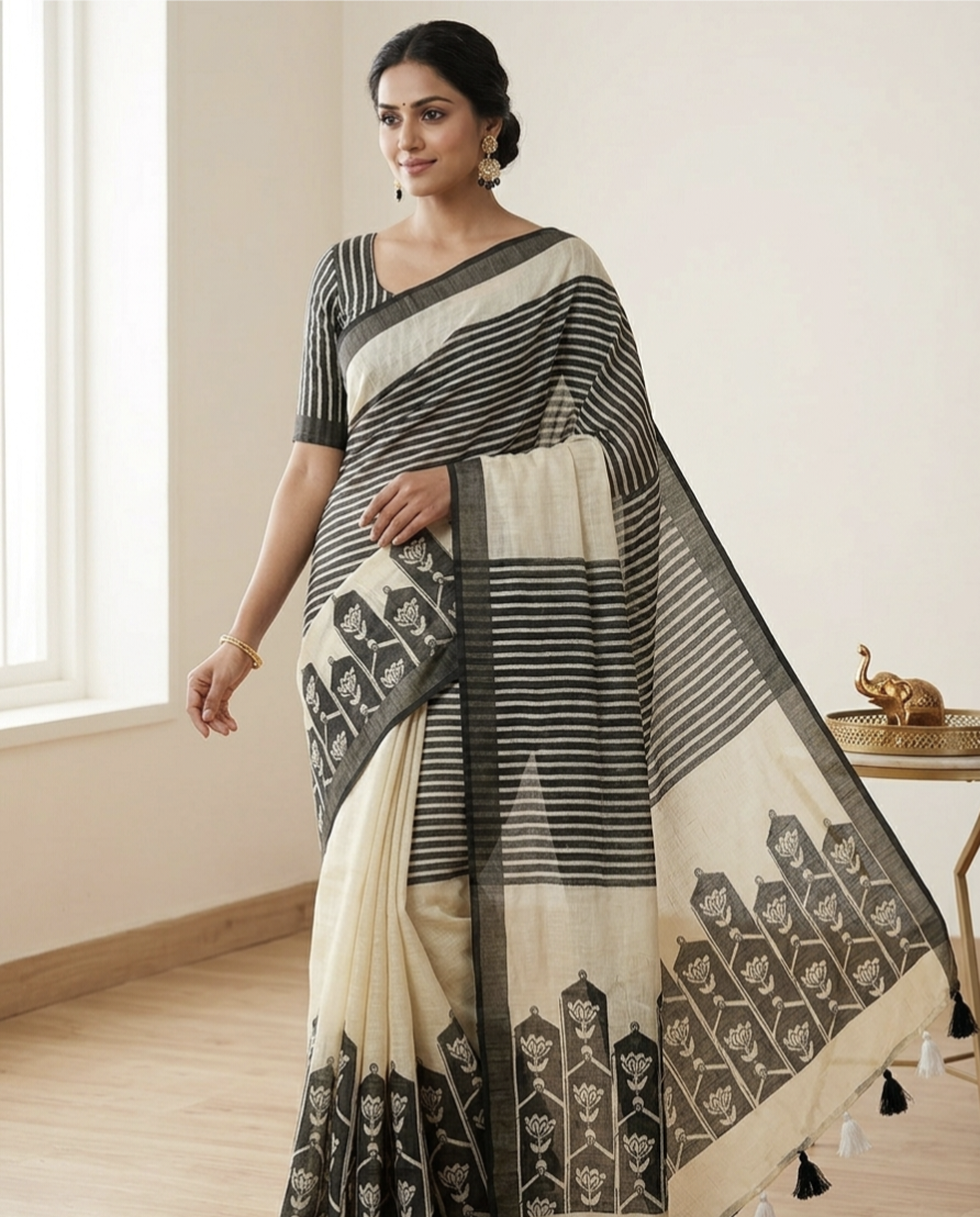 Pure Linen Chanderi Saree with Kalamkari Print & Zari Border