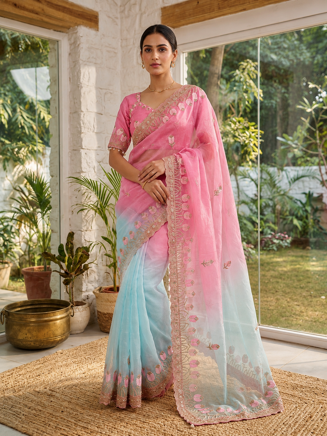Lotus Soft Fendy Satin Saree With Embroidery Sequence & Thread Work Border