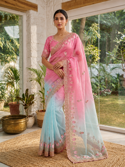 Lotus Soft Fendy Satin Saree With Embroidery Sequence & Thread Work Border