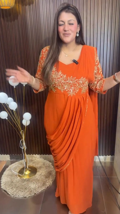 Orange Embroidered Georgette Gown Saree for Women – Ready to Wear Designer Party Wear Saree