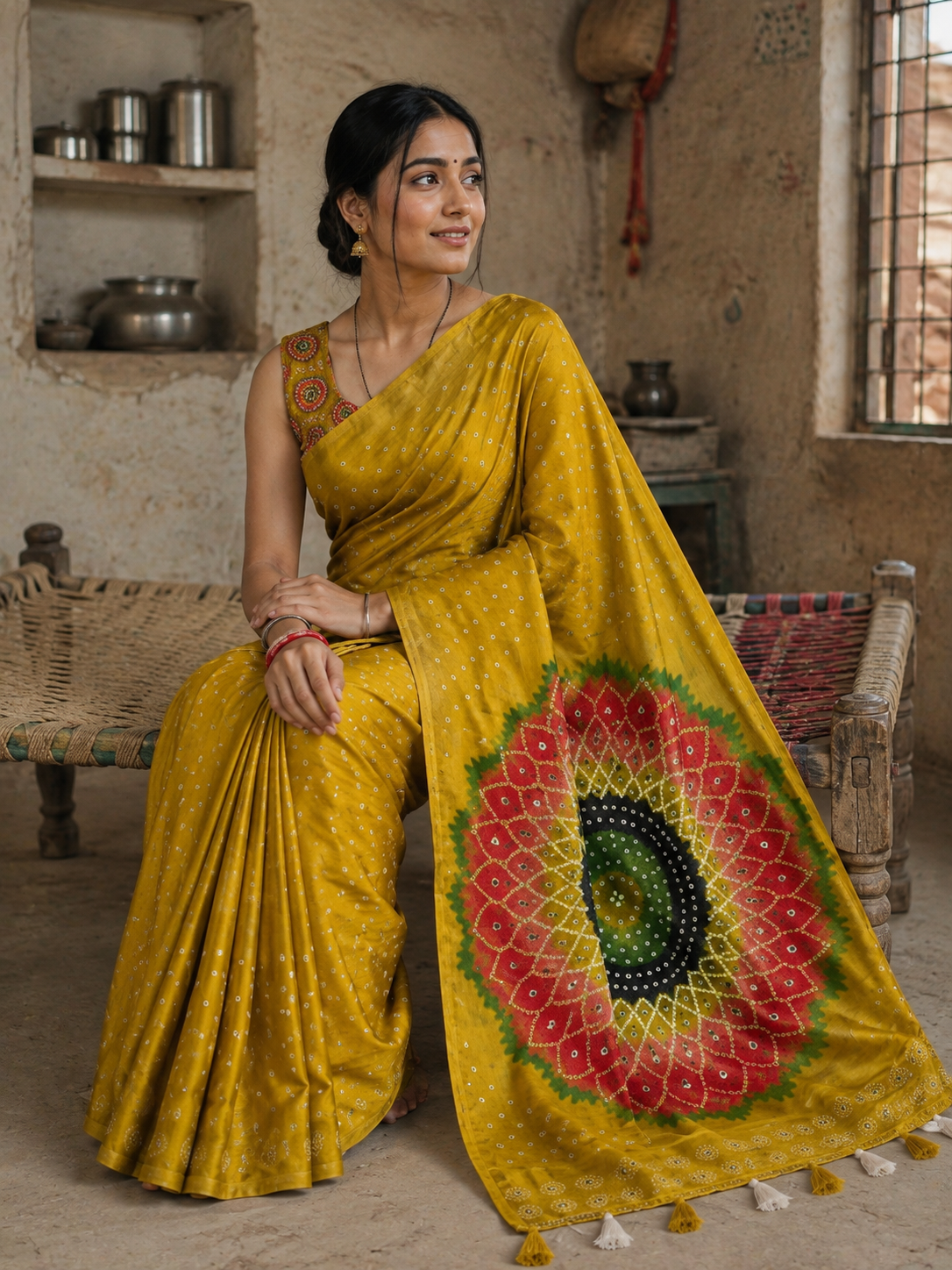 Premium Japan Satin Mirror Work Saree with Tassel Pallu