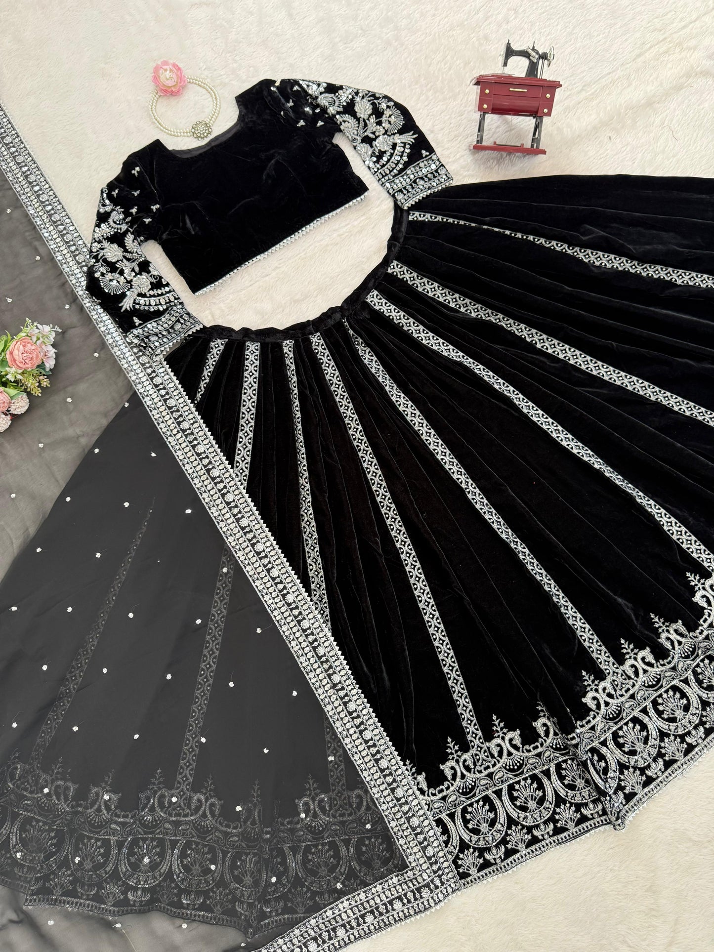 Elegant Black Velvet Lehenga Choli with Silver Thread & Sequence Work | Party Wear & Festive Collection
