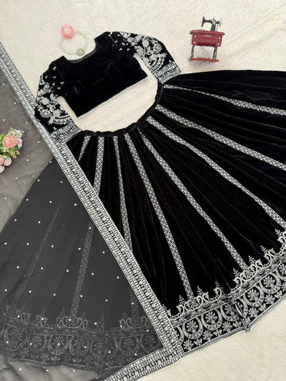 Elegant Black Velvet Lehenga Choli with Silver Thread & Sequence Work | Party Wear & Festive Collection