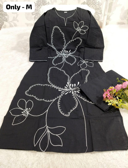 Best Seller Black Cotton Embroidered Kurti with Pant | Only M Size