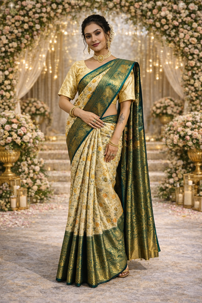 Pure Kanjivaram Silk Saree With Rich Zari Weaving & Contrast Border
